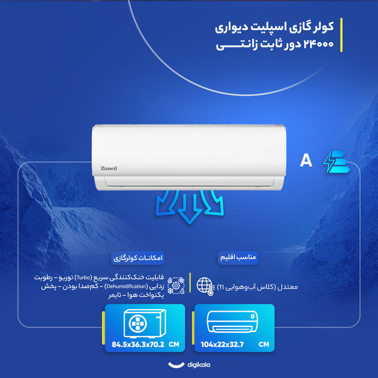کولر گازی اسپلیت دیواری 24000 دور ثابت زانتی مدل ZMSA-24HO1RAFB